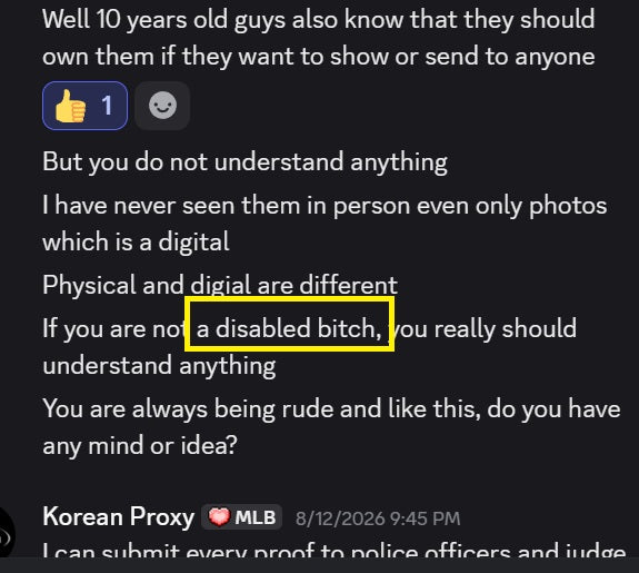 Negative Feedback for KoreanDub - Threatened to call the police if I filed a dispute with Paypal; called me  a 'Disabled B*tch'